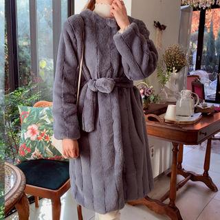 Round-neck Faux-fur Coat With Sash