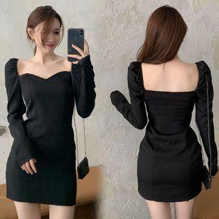 Long-sleeve Square-neck Mini Dress Black - One Size