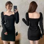 Long-sleeve Square-neck Mini Dress Black - One Size