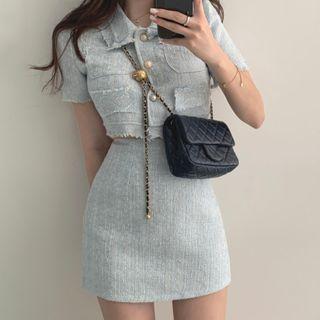 Tweed Short-sleeve Cropped Blouse / Mini Pencil Skirt