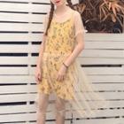 Set: Floral Print Spaghetti Strap Dress + Short-sleeve Mesh Dress