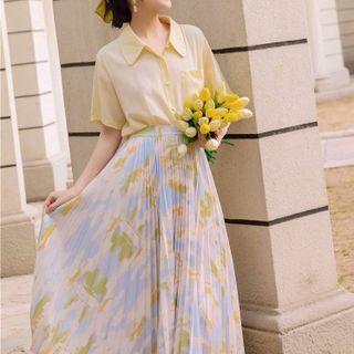 Set: Short-sleeve Shirt + Print Pleated Midi A-line Skirt