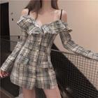 Plaid V-neck Frayed Off-shoulder Long-sleeve Dress