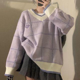 Heart Embroidered Plaid V-neck Cardigan Purple - One Size