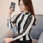 Long Sleeve High-neck Stripe Lace Top