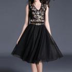 Embellished V-neck Sleeveless A-line Dress