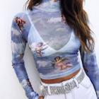 Long-sleeve Angel Print Cropped T-shirt