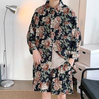 Set: Elbow-sleeve Floral Printed Shirt + Shorts