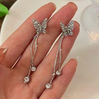Butterfly Rhinestone Alloy Fringed Earring Jml5112 - 1 Pair - 925 Silver Needle Earring - Silver - One Size