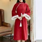 Long-sleeve Faux Pearl Fluffy Trim Midi A-line Qipao Dress