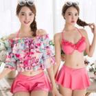 Set: Frill Trim Bikini Top + Swim Skirt + Cover-up