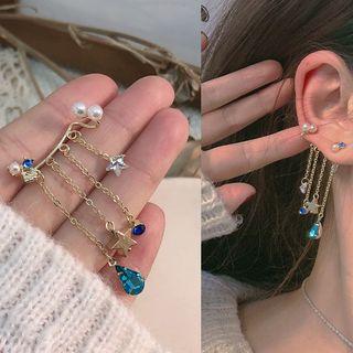 Faux Pearl Faux Crystal Fringed Earring 1 Pc - Left - Silver Steel - Blue Rhinestone - Gold - One Size