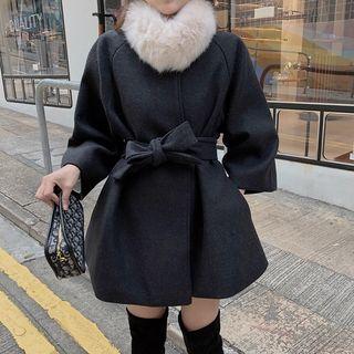 Long-sleeve Furry Neck Tie-waist Coat