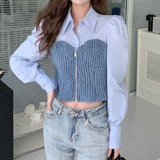 Mock Two-piece Crop Shirt Blue - One Size