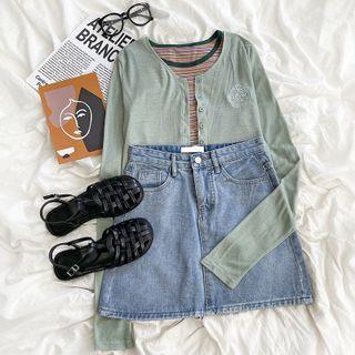 Long-sleeve Embroidered Cardigan / Striped Tank Top