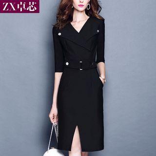 Elbow-sleeve Gathered-waist Collared Sheath Plain Dress