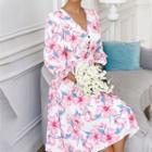 Long-sleeve Floral Print Buttoned Midi Dress