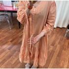 Plaid Panel Ruched Long-sleeve Midi A-line Dress Tangerine - One Size