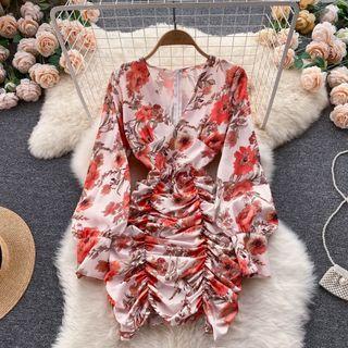 V-neck Flower Print Ruched Long-sleeve Dress