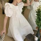 Puff-sleeve Plain Ruffle Trim Dress White - One Size