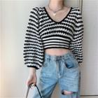 Striped V-neck Cropped Sweater Black & White - One Size
