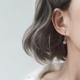 925 Sterling Silver Perforated Cube Rhinestone Dangle Earring 1 Pair - E07 - Silver - One Size