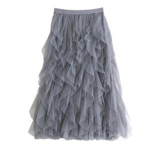 Ruffle Mesh Midi A-line Skirt