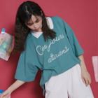 Elbow-sleeve Letter Collared Top Green - One Size