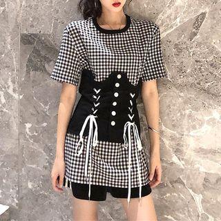 Short-sleeve Plaid Long T-shirt / Girdle
