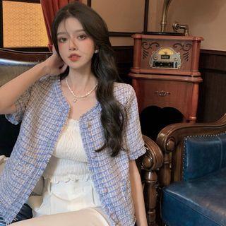 Short-sleeve Plaid Button-up Jacket