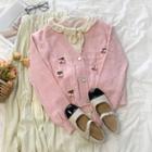 Long-sleeve Cherry Embroidered Knit Cardigan Pink - One Size