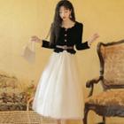 Ruffle Trim Velvet Blouse / Mesh Midi A-line Skirt / Set