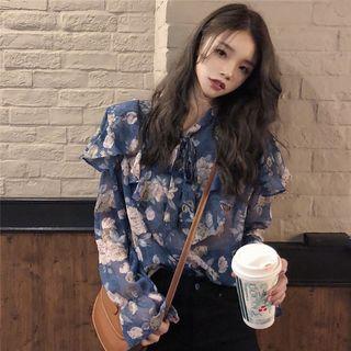 Flower Print Ruffle Chiffon Blouse As Shown In Figure - One Size