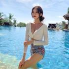 Set: Long-sleeve Knot-front Swim Top + Floral Print Bottom