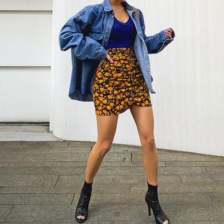 Zip-back Ruched Floral Pencil Skirt