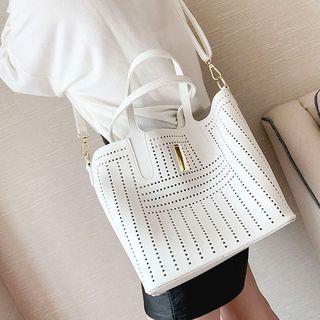 Set: Perforated Faux Leather Tote + Drawstring Bag