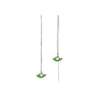 Fashion And Simple Green Ginkgo Leaf Tassel Enamel Earrings With Imitation Pearls Silver - One Size