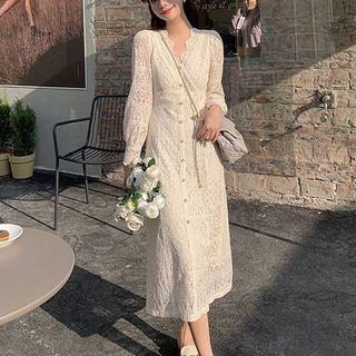 Long Sleeve V-neck Lace Midi Dress