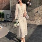 Long Sleeve V-neck Lace Midi Dress