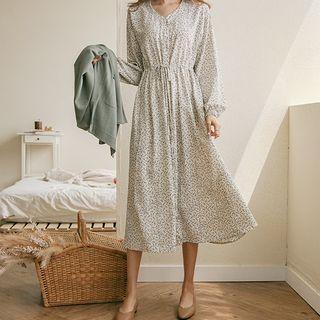 Drawstring-waist Banded-cuff Long Floral Dress