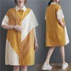 Elbow-sleeve Color Block Shirtdress Yellow - One Size