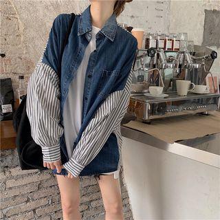 Denim Panel Lettering Striped Shirt Blue - One Size