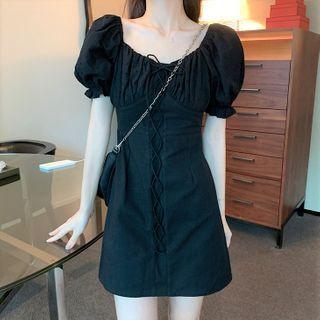 Two Tone Puff-sleeve Lace-up Dress