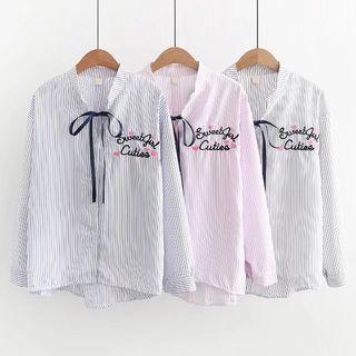 Tie-neck Embroidery Stripe Blouse