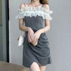 Short-sleeve Cold-shoulder Mesh Ruffled Mini Sheath Dress
