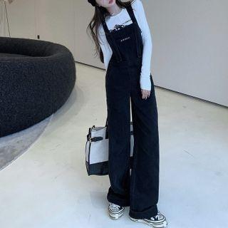 Long-sleeve Printed T-shirt / Wide Leg Denim Dungaree