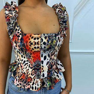 Ruffled-trim Square-neck Leopard Printed Top