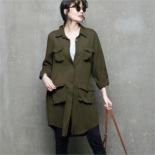 Roll-up Sleeve Multi-pocket Military Shirtdress