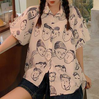 Puff-sleeve Face Print Shirt White - One Size