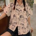 Puff-sleeve Face Print Shirt White - One Size